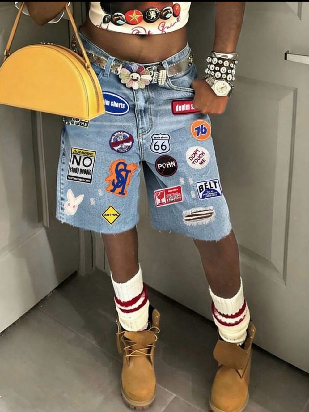 SHEIN Light Blue Denim Patchwork Bermuda Shorts with Colorful Patches